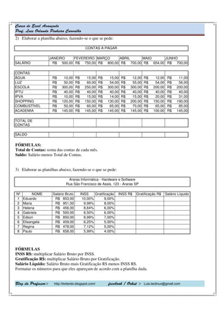 Curso de Excel Avançado
Prof. Luis Orlando Pinheiro Carvalho
2) Elaborar a planilha abaixo, fazendo-se o que se pede:

                                              CONTAS A PAGAR

                     JANEIRO    FEVEREIRO MARÇO     ABRIL     MAIO      JUNHO
SALÁRIO                R$ 500,00 R$ 750,00 R$ 800,00 R$ 700,00 R$ 654,00 R$ 700,00

CONTAS
ÁGUA                  R$     10,00    R$      15,00    R$    15,00   R$    12,00   R$    12,00    R$     11,00
LUZ                   R$     50,00    R$      60,00    R$    54,00   R$    55,00   R$    54,00    R$     56,00
ESCOLA                R$    300,00    R$     250,00    R$   300,00   R$   300,00   R$   200,00    R$    200,00
IPTU                  R$     40,00    R$      40,00    R$    40,00   R$    40,00   R$    40,00    R$     40,00
IPVA                  R$     10,00    R$      15,00    R$    14,00   R$    15,00   R$    20,00    R$     31,00
SHOPPING              R$    120,00    R$     150,00    R$   130,00   R$   200,00   R$   150,00    R$    190,00
COMBUSTÍVEL           R$     50,00    R$      60,00    R$    65,00   R$    70,00   R$    65,00    R$     85,00
ACADEMIA              R$    145,00    R$     145,00    R$   145,00   R$   145,00   R$   100,00    R$    145,00

TOTAL DE
CONTAS

SALDO

FÓRMULAS:
Total de Contas: soma das contas de cada mês.
Saldo: Salário menos Total de Contas.


3) Elaborar as planilhas abaixo, fazendo-se o que se pede:

                                Araras Informática - Hardware e Software
                               Rua São Francisco de Assis, 123 - Araras SP

Nº         NOME       Salário Bruto        INSS    Gratificação   INSS R$    Gratificação R$     Salário Líquido
1    Eduardo           R$ 853,00            10,00%       9,00%
2    Maria             R$ 951,00             9,99%       8,00%
3    Helena            R$ 456,00             8,64%       6,00%
4    Gabriela          R$ 500,00             8,50%       6,00%
5    Edson             R$ 850,00             8,99%       7,00%
6    Elisangela        R$ 459,00             6,25%       5,00%
7    Regina            R$ 478,00             7,12%       5,00%
8    Paulo             R$ 658,00             5,99%       4,00%




FÓRMULAS
INSS R$: multiplicar Salário Bruto por INSS.
Gratificação R$: multiplicar Salário Bruto por Gratificação.
Salário Líquido: Salário Bruto mais Gratificação R$ menos INSS R$.
Formatar os números para que eles apareçam de acordo com a planilha dada.


Blog do Professor>     http://lorlando.blogspot.com/        facebook / Orkut > Luis.teclinux@gmail.com
 