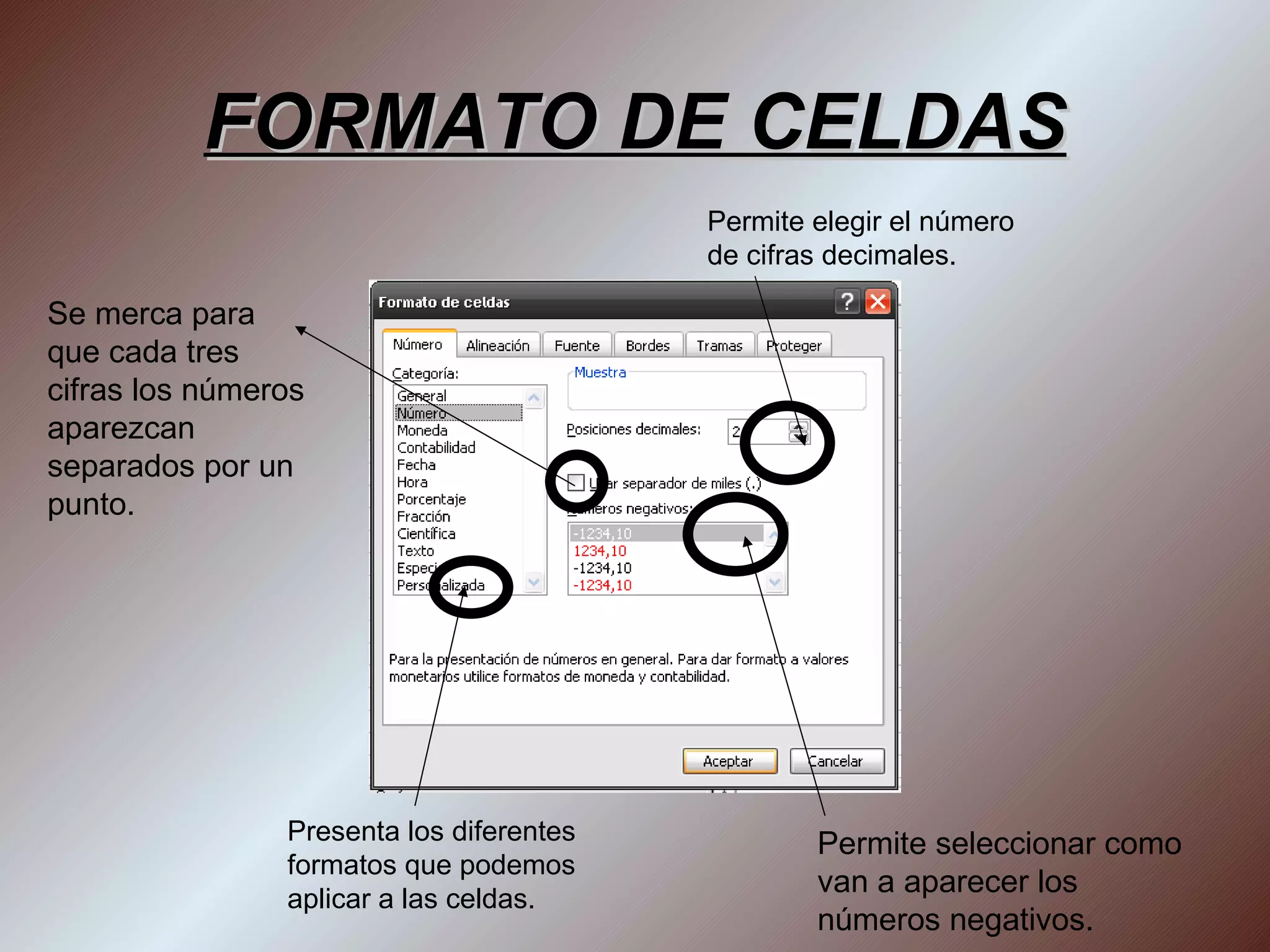 FORMATO DE CELDAS Permite elegir el número de cifras decimales. Presenta los diferentes formatos que podemos aplicar a las celdas. Permite seleccionar como van a aparecer los números negativos. Se merca para que cada tres cifras los números aparezcan separados por un punto. 