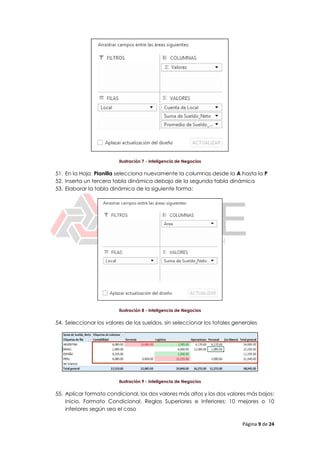 Página 9 de 24
Ilustración 7 - Inteligencia de Negocios
51. En la Hoja Planilla selecciona nuevamente la columnas desde la A hasta la P
52. Inserta un tercera tabla dinámica debajo de la segunda tabla dinámica
53. Elaborar la tabla dinámica de la siguiente forma:
Ilustración 8 - Inteligencia de Negocios
54. Seleccionar los valores de los sueldos, sin seleccionar los totales generales
Ilustración 9 - Inteligencia de Negocios
55. Aplicar formato condicional, los dos valores más altos y los dos valores más bajos:
Inicio, Formato Condicional, Reglas Superiores e Inferiores; 10 mejores o 10
inferiores según sea el caso
 