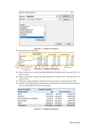 Página 12 de 24
Ilustración 11 - Inteligencia de Negocios
28. El resumen es el siguiente:
Ilustración 12 - Inteligencia de Negocios
29. Utilizar el formato condicional para destacar la mayor venta neta del 2013 y la
menor venta
30. Utilizar el formato condicional para destacar la mayor venta neta del 2014 y la
menor venta
31. Ordenar la tabla dinámica de mayor a menor según la venta del año 2104
32. Insertar una tabla dinámica debajo de la primera que muestre la venta neta por
año. En el filtro general colocar Jerarquía.
Ilustración 13 - Inteligencia de Negocios
 