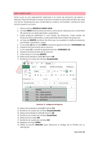 Página 14 de 24
CASO 3 SANTA LUCIA
Santa Lucía es una organización dedicada a la venta de productos de electro y
deporte. Tiene tres tiendas en el país. El archivo contiene la venta del año 2016 de cada
uno de los 150 productos que comercializa la cadena. Así también, contiene el stock
actual, el precio y el costo.
1. Abrir el archivo MODULO II SANTA LUCIA
2. La Hoja VENTA tiene los datos de stock y venta de los 150 productos. La lista tiene
28 columnas con datos generales y específicos
3. Cada producto pertenece a una Familia de Productos. Cada familia de
Productos tiene SubFamilias y cada SubFamilia tienes Clases de productos.
4. La hoja de GRUPOS contiene tres listas que nos ayudará a clasificar productos
por familias, subfamilias y clases
5. Ir a la celda A2 de la hoja VENTA y escribir la siguiente formula: +EXTRAER(E2;1;3)
6. Copiar la formula al resto de la columna
7. Ir a la celda C2 y escribir la siguiente formula: +EXTRAE(E2;1;5)
8. Copiar la formula al resto de la columna
9. Crear Grupo Ir a la hoja GRUPOS
10. Seleccionar desde la celda A1 hasta la B5
11. Escribir en el cuadro de nombres GrupoFamilia
Ilustración 14 - Inteligencia de Negocios
12. Seleccionar desde la celda E1 hasta la F14
13. Escribir en el cuadro de nombres GrupoSubfamilia
14. Seleccionar desde la celda I1 hasta la J32
15. Escribir en el cuadro de nombres GrupoClase
16. Seleccionar la celda M2
17. Escribir en el cuadro de nombres IGV
18. Regresar a la Hoja VENTA
19. Utilizar la función BUSCARV para relacionar el código de la Familia con su
descripción
 
