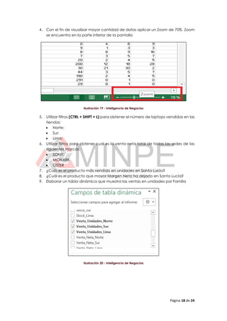 Página 18 de 24
4. Con el fin de visualizar mayor cantidad de datos aplicar un Zoom de 70%. Zoom
se encuentra en la parte inferior de la pantalla
Ilustración 19 - Inteligencia de Negocios
5. Utilizar filtros (CTRL + SHIFT + L) para obtener el número de laptops vendidas en las
tiendas:
 Norte:
 Sur:
 Lima:
6. Utilizar filtros para obtener cual es la venta neta total de todas las sedes de las
siguientes marcas:
 SONY:
 MONARK
 OSTER
7. ¿Cuál es el producto más vendido en unidades en Santa Lucía?
8. ¿Cuál es el producto que mayor Margen Neto ha dejado en Santa Lucía?
9. Elaborar un tabla dinámica que muestra las ventas en unidades por Familia
Ilustración 20 - Inteligencia de Negocios
 