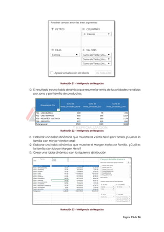 Página 19 de 24
Ilustración 21 - Inteligencia de Negocios
10. El resultado es una tabla dinámica que resume la venta de las unidades vendidas
por zona y por familia de productos:
Ilustración 22 - Inteligencia de Negocios
11. Elaborar una tabla dinámica que muestre la Venta Neta por Familia ¿Cuál es la
familia con mayor Venta Neta?
12. Elaborar una tabla dinámica que muestre el Margen Neto por Familia. ¿Cuál es
la familia con Mayor Margen Neto?
13. Crear una tabla dinámica con la siguiente distribución
Ilustración 23 - Inteligencia de Negocios
 