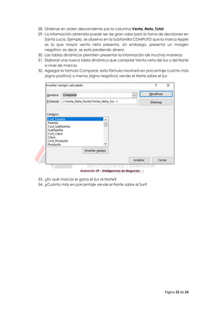 Página 22 de 24
28. Ordenar en orden descendente por la columna Venta_Neta_Total
29. La información obtenida puede ser de gran valor para la toma de decisiones en
Santa Lucia. Ejemplo, se observa en la Subfamilia COMPUTO que la marca Apple
es la que mayor venta neta presenta, sin embargo, presenta un margen
negativo, es decir, se está perdiendo dinero.
30. Las tablas dinámicas permiten presentar la información de muchas maneras
31. Elaborar una nueva tabla dinámica que compare Venta neta del Sur y del Norte
a nivel de marcas
32. Agregar la formula Comparar, esta fórmula mostrará en porcentaje cuanto más
(signo positivo) o menos (signo negativo) vende el Norte sobre el Sur
Ilustración 29 - Inteligencias de Negocios
33. ¿En qué marcas le gana el Sur al Norte?
34. ¿Cuánto más en porcentaje vende el Norte sobre el Sur?
 