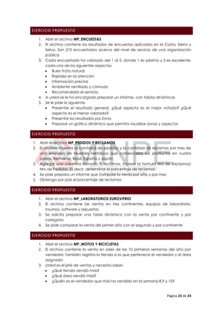 Página 23 de 24
EJERCICIO PROPUESTO
1. Abrir el archivo MP_ENCUESTAS
2. El archivo contiene los resultados de encuestas aplicadas en la Costa, Sierra y
Selva. Son 210 encuestados acerca del nivel de servicio de una organización
pública
3. Cada encuestado ha valorado del 1 al 5, donde 1 es pésimo y 5 es excelente;
cada uno de los siguientes aspectos
 Buen trato natural
 Rapidez en la atención
 Información precisa
 Ambiente ventilado y cómodo
 Recomendaría el servicio
4. A usted se le ha encargado preparar un informe, con tablas dinámicas
5. Se le pide lo siguiente:
 Presentar el resultado general. ¿Qué aspecto es el mejor votado? ¿Qué
aspecto es el menor valorado?
 Presentar los resultados por Zona
 Preparar un gráfico dinámico que permita visualizar zonas y aspectos
EJERCICIO PROPUESTO
1. Abrir el archivo MP_PEDIDOS Y RECLAMOS
2. El archivo muestra la cantidad de pedidos y la cantidad de reclamos por mes de
una empresa de Muebles Metálicos que comercializa sus productos en cuatro
países: Alemania, Brasil, España y Japón
3. Agregar una columna llamada % reclamos. Ingrese la formula Nro de Reclamos/
Nro de Pedidos. Es decir, determinar el porcentaje de reclamos
4. Se pide prepara un informe que compare la venta por año y por mes
5. Obtenga por país el porcentaje de reclamos
EJERCICIO PROPUESTO
1. Abrir el archivo MP_LABORATORIOS EUROVITRIO
2. El archivo contiene las ventas en tres continentes, equipos de laboratorio,
insumos, software y repuestos
3. Se solicita preparar una tabla dinámica con la venta por continente y por
categoría
4. Se pide comparar la venta del primer año con el segundo y por continente
EJERCICIO PROPUESTO
1. Abrir el archivo MP_MOTOS Y BICICLETAS
2. El archivo contiene la venta en soles de las 10 primeras semanas del año por
vendedor; también registra la tienda a la que pertenece el vendedor y el área
asignada
3. Usted es el jefe de ventas y necesita saber:
 ¿Qué tienda vendió más?
 ¿Qué área vendió más?
 ¿Quién es el vendedor que más ha vendido en la semana 8,9 y 10?
 