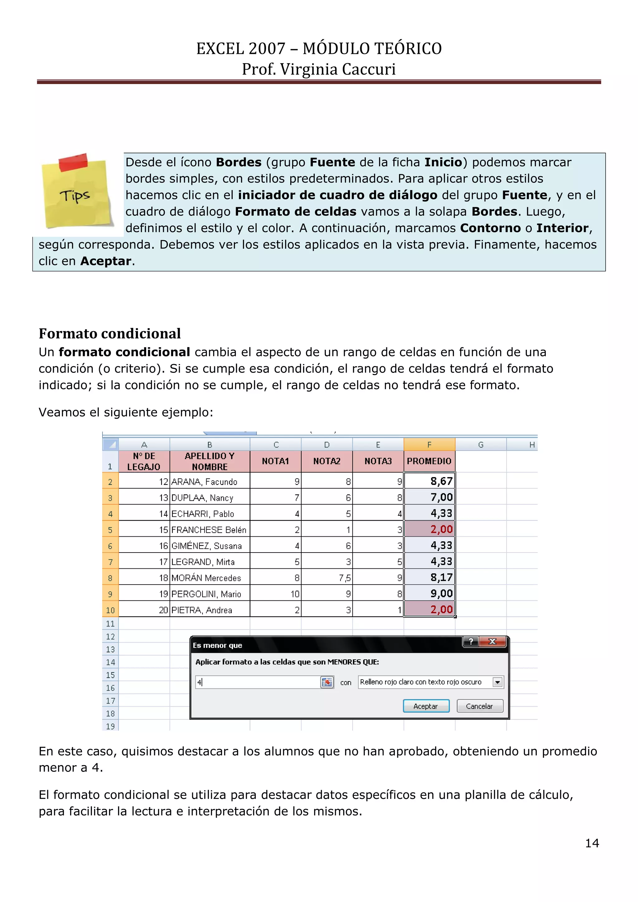 EXCEL 2007 – MÓDULO TEÓRICO 
Prof. Virginia Caccuri 
14 
Desde el ícono Bordes (grupo Fuente de la ficha Inicio) podemos marcar bordes simples, con estilos predeterminados. Para aplicar otros estilos hacemos clic en el iniciador de cuadro de diálogo del grupo Fuente, y en el cuadro de diálogo Formato de celdas vamos a la solapa Bordes. Luego, definimos el estilo y el color. A continuación, marcamos Contorno o Interior, según corresponda. Debemos ver los estilos aplicados en la vista previa. Finamente, hacemos clic en Aceptar. 
Formato condicional 
Un formato condicional cambia el aspecto de un rango de celdas en función de una condición (o criterio). Si se cumple esa condición, el rango de celdas tendrá el formato indicado; si la condición no se cumple, el rango de celdas no tendrá ese formato. 
Veamos el siguiente ejemplo: 
En este caso, quisimos destacar a los alumnos que no han aprobado, obteniendo un promedio menor a 4. 
El formato condicional se utiliza para destacar datos específicos en una planilla de cálculo, para facilitar la lectura e interpretación de los mismos.  