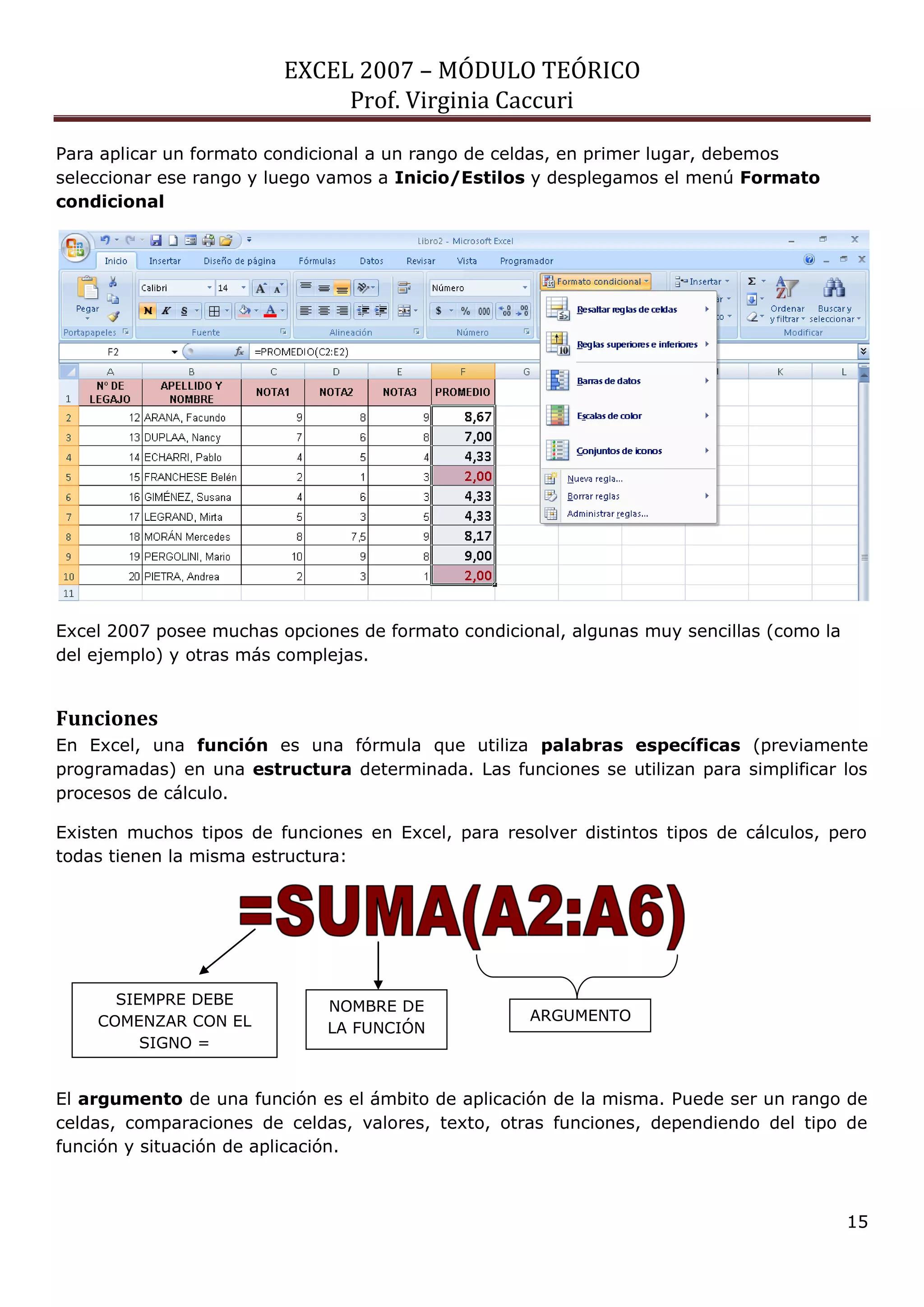 EXCEL 2007 – MÓDULO TEÓRICO 
Prof. Virginia Caccuri 
15 
Para aplicar un formato condicional a un rango de celdas, en primer lugar, debemos seleccionar ese rango y luego vamos a Inicio/Estilos y desplegamos el menú Formato condicional 
Excel 2007 posee muchas opciones de formato condicional, algunas muy sencillas (como la del ejemplo) y otras más complejas. 
Funciones 
En Excel, una función es una fórmula que utiliza palabras específicas (previamente programadas) en una estructura determinada. Las funciones se utilizan para simplificar los procesos de cálculo. 
Existen muchos tipos de funciones en Excel, para resolver distintos tipos de cálculos, pero todas tienen la misma estructura: 
El argumento de una función es el ámbito de aplicación de la misma. Puede ser un rango de celdas, comparaciones de celdas, valores, texto, otras funciones, dependiendo del tipo de función y situación de aplicación. 
SIEMPRE DEBE COMENZAR CON EL SIGNO = 
NOMBRE DE LA FUNCIÓN 
ARGUMENTO  