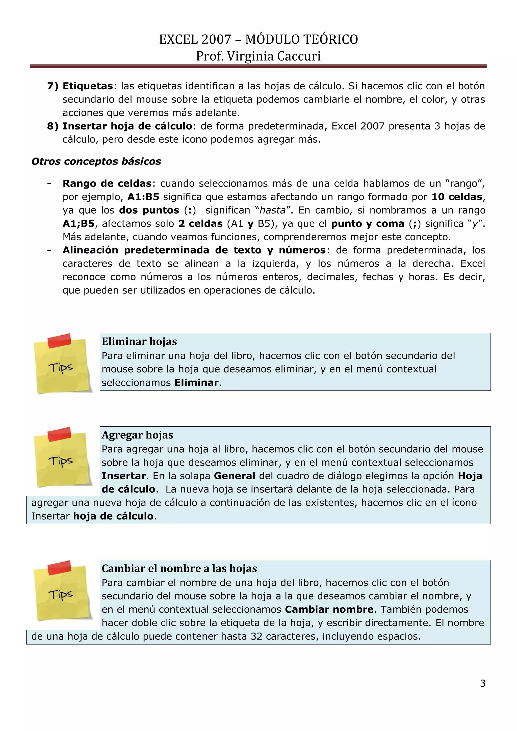 EXCEL 2007 – MÓDULO TEÓRICO 
Prof. Virginia Caccuri 
3 
7) Etiquetas: las etiquetas identifican a las hojas de cálculo. Si hacemos clic con el botón secundario del mouse sobre la etiqueta podemos cambiarle el nombre, el color, y otras acciones que veremos más adelante. 
8) Insertar hoja de cálculo: de forma predeterminada, Excel 2007 presenta 3 hojas de cálculo, pero desde este ícono podemos agregar más. 
Otros conceptos básicos 
- Rango de celdas: cuando seleccionamos más de una celda hablamos de un “rango”, por ejemplo, A1:B5 significa que estamos afectando un rango formado por 10 celdas, ya que los dos puntos (:) significan “hasta”. En cambio, si nombramos a un rango A1;B5, afectamos solo 2 celdas (A1 y B5), ya que el punto y coma (;) significa “y”. Más adelante, cuando veamos funciones, comprenderemos mejor este concepto. 
- Alineación predeterminada de texto y números: de forma predeterminada, los caracteres de texto se alinean a la izquierda, y los números a la derecha. Excel reconoce como números a los números enteros, decimales, fechas y horas. Es decir, que pueden ser utilizados en operaciones de cálculo. 
Eliminar hojas Para eliminar una hoja del libro, hacemos clic con el botón secundario del mouse sobre la hoja que deseamos eliminar, y en el menú contextual seleccionamos Eliminar. 
Agregar hojas Para agregar una hoja al libro, hacemos clic con el botón secundario del mouse sobre la hoja que deseamos eliminar, y en el menú contextual seleccionamos Insertar. En la solapa General del cuadro de diálogo elegimos la opción Hoja de cálculo. La nueva hoja se insertará delante de la hoja seleccionada. Para agregar una nueva hoja de cálculo a continuación de las existentes, hacemos clic en el ícono Insertar hoja de cálculo. 
Cambiar el nombre a las hojas Para cambiar el nombre de una hoja del libro, hacemos clic con el botón secundario del mouse sobre la hoja a la que deseamos cambiar el nombre, y en el menú contextual seleccionamos Cambiar nombre. También podemos hacer doble clic sobre la etiqueta de la hoja, y escribir directamente. El nombre de una hoja de cálculo puede contener hasta 32 caracteres, incluyendo espacios. 
 