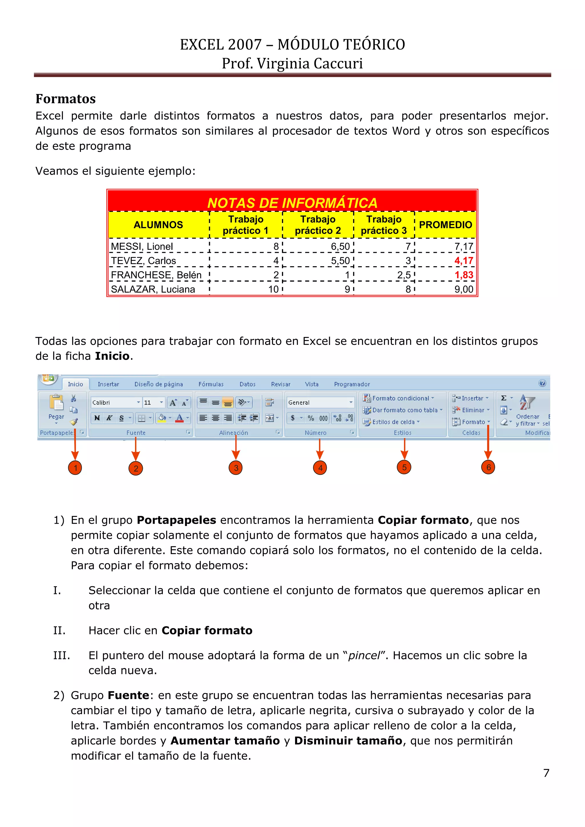 EXCEL 2007 – MÓDULO TEÓRICO 
Prof. Virginia Caccuri 
7 
Formatos 
Excel permite darle distintos formatos a nuestros datos, para poder presentarlos mejor. 
Algunos de esos formatos son similares al procesador de textos Word y otros son específicos 
de este programa 
Veamos el siguiente ejemplo: 
Todas las opciones para trabajar con formato en Excel se encuentran en los distintos grupos 
de la ficha Inicio. 
1) En el grupo Portapapeles encontramos la herramienta Copiar formato, que nos 
permite copiar solamente el conjunto de formatos que hayamos aplicado a una celda, 
en otra diferente. Este comando copiará solo los formatos, no el contenido de la celda. 
Para copiar el formato debemos: 
I. Seleccionar la celda que contiene el conjunto de formatos que queremos aplicar en 
otra 
II. Hacer clic en Copiar formato 
III. El puntero del mouse adoptará la forma de un “pincel”. Hacemos un clic sobre la 
celda nueva. 
2) Grupo Fuente: en este grupo se encuentran todas las herramientas necesarias para 
cambiar el tipo y tamaño de letra, aplicarle negrita, cursiva o subrayado y color de la 
letra. También encontramos los comandos para aplicar relleno de color a la celda, 
aplicarle bordes y Aumentar tamaño y Disminuir tamaño, que nos permitirán 
modificar el tamaño de la fuente. 
NOTAS DE INFORMÁTICA 
ALUMNOS 
Trabajo 
práctico 1 
Trabajo 
práctico 2 
Trabajo 
práctico 3 
PROMEDIO 
MESSI, Lionel 8 6,50 7 7,17 
TEVEZ, Carlos 4 5,50 3 4,17 
FRANCHESE, Belén 2 1 2,5 1,83 
SALAZAR, Luciana 10 9 8 9,00 
1 2 3 4 5 6 
 