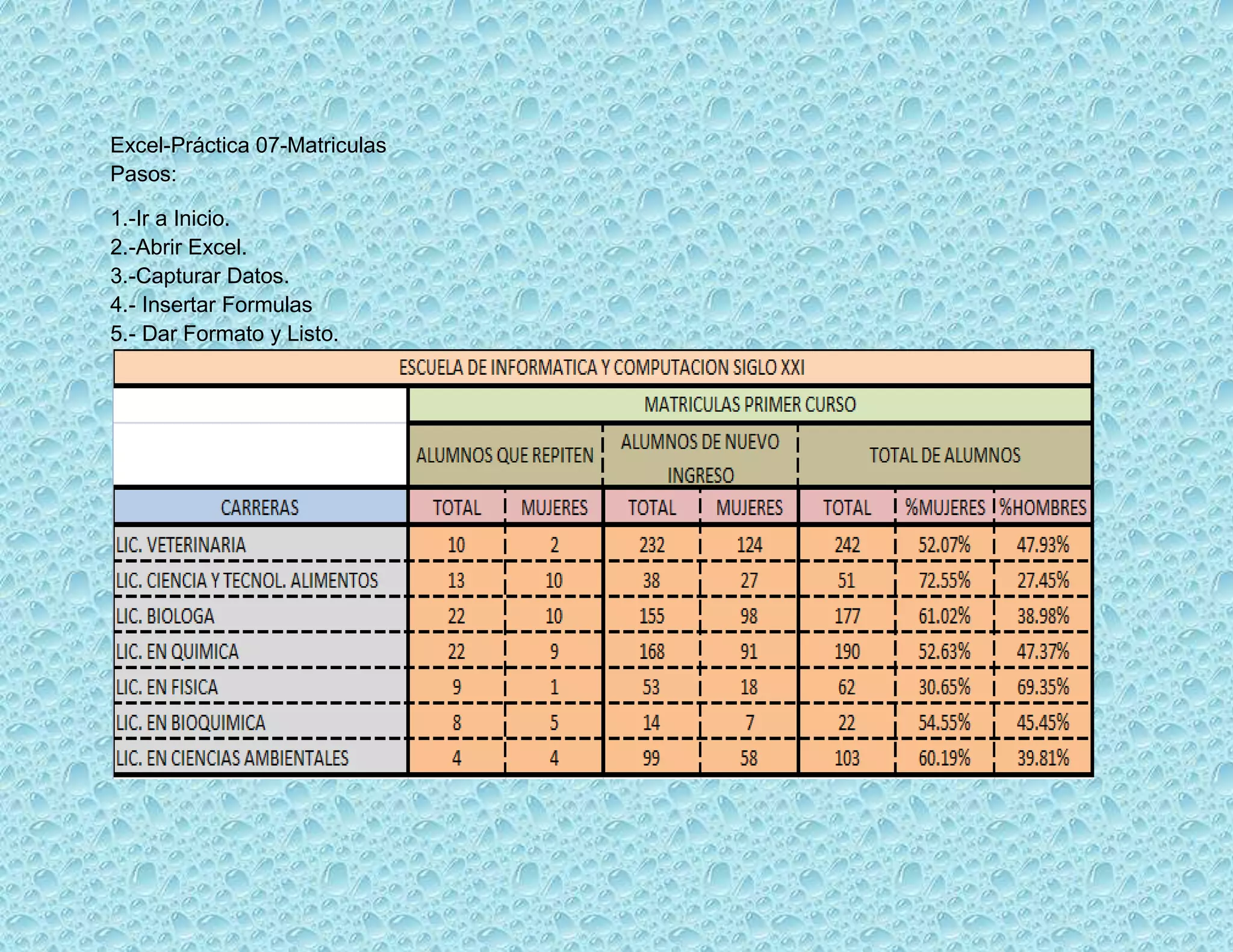 Excel-Práctica 07-Matriculas
Pasos:
1.-Ir a Inicio.
2.-Abrir Excel.
3.-Capturar Datos.
4.- Insertar Formulas
5.- Dar Formato y Listo.