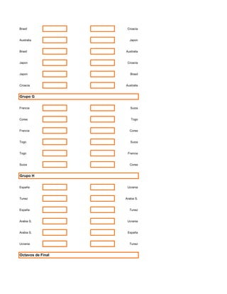 Brasil              Croacia


Australia             Japon


Brasil             Australia


Japon               Croacia


Japon                 Brasil


Croacia            Australia


Grupo G


Francia               Suiza


Corea                  Togo


Francia               Corea


Togo                  Suiza


Togo                Francia


Suiza                 Corea


Grupo H


España              Ucrania


Tunez              Arabia S.


España               Tunez


Arabia S.           Ucrania


Arabia S.           España


Ucrania              Tunez


Octavos de Final
 