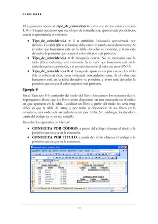 F U N C I O N E S

El argumento opcional Tipo_de_coincidencia toma uno de los valores enteros
1, 0 o -1 según queramos que sea el tipo de coincidencia: aproximada por defecto,
exacta o aproximada por exceso.
• Tipo_de_coincidencia = 1 u omitido: búsqueda aproximada por
defecto. La tabla (fila o columna) debe estar ordenada ascendentemente. Si
el valor que buscamos está en la tabla devuelve su posición, y si no está
devuelve la posición que ocupa el valor inferior más próximo.
• Tipo_de_coincidencia = 0: búsqueda exacta. No es necesario que la
tabla (fila o columna) esté ordenada. Si el valor que buscamos está en la
tabla devuelve su posición, y si no está devuelve el valor de error #N/A.
• Tipo_de_coincidencia = -1: búsqueda aproximada por exceso. La tabla
(fila o columna) debe estar ordenada descendentemente. Si el valor que
buscamos está en la tabla devuelve su posición, y si no está devuelve la
posición que ocupa el valor superior más próximo.
Ejemplo 9

En el Ejercicio 8-8 partiendo del título del libro obteníamos los restantes datos.
Supongamos ahora que los libros están dispuestos en una estantería en el orden
en que aparecen en la tabla. Localizar un libro a partir del título no sería muy
difícil ya que la tabla de datos, y por tanto la disposición de los libros en la
estantería, está ordenada ascendentemente por título. Sin embargo, localizarlo a
partir del código ya no es tan sencillo.
Resuelve los siguientes problemas:
• CONSULTA POR CÓDIGO: a partir del código obtener el título y la
posición que ocupa en la estantería.
• CONSULTA POR TÍTULO: a partir del título obtener el código y la
posición que ocupa en la estantería.

13

 