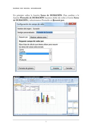 C U R S O

D E

E X C E L

A V A N Z A D O

En principio utiliza la función Suma de DURACIÓN. Para cambiar a la
función Promedio de DURACIÓN hacemos doble clic sobre el botón Suma
de DURACIÓN y seleccionamos Promedio en Resumir por:.

8

 