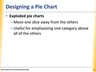 XPXPXPDesigning a Pie Chart
• Exploded pie charts
–Move one slice away from the others
–Useful for emphasizing one category above
all of the others
New Perspectives on Microsoft Excel 2010 15
 