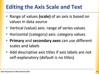 XPXPXPEditing the Axis Scale and Text
• Range of values (scale) of an axis is based on
values in data source
• Vertical (value) axis: range of series values
• Horizontal (category) axis: category values
• Primary and secondary axes can use different
scales and labels
• Add descriptive axis titles if axis labels are not
self-explanatory (default is no titles)
New Perspectives on Microsoft Excel 2010 20
 