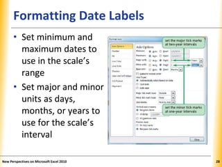 XPXPXPFormatting Date Labels
• Set minimum and
maximum dates to
use in the scale’s
range
• Set major and minor
units as days,
months, or years to
use for the scale’s
interval
New Perspectives on Microsoft Excel 2010 28
 