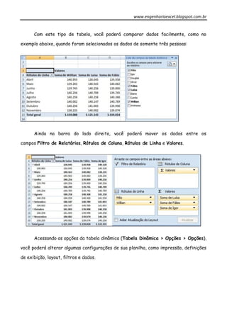 www.engenhariaexcel.blogspot.com.br
Com este tipo de tabela, você poderá comparar dados facilmente, como no
exemplo abaixo, quando foram selecionados os dados de somente três pessoas:
Ainda na barra do lado direito, você poderá mover os dados entre os
campos Filtro de Relatórios, Rótulos de Coluna, Rótulos de Linha e Valores.
Acessando as opções da tabela dinâmica (Tabela Dinâmica > Opções > Opções),
você poderá alterar algumas configurações de sua planilha, como impressão, definições
de exibição, layout, filtros e dados.
 