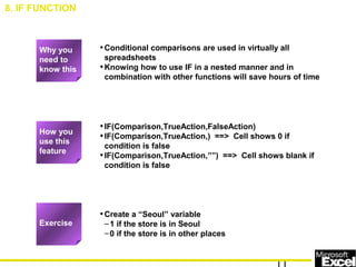 •Conditional comparisons are used in virtually all
spreadsheets
•Knowing how to use IF in a nested manner and in
combination with other functions will save hours of time
•IF(Comparison,TrueAction,FalseAction)
•IF(Comparison,TrueAction,) ==> Cell shows 0 if
condition is false
•IF(Comparison,TrueAction,””) ==> Cell shows blank if
condition is false
•Create a “Seoul” variable
–1 if the store is in Seoul
–0 if the store is in other places
8. IF FUNCTION
How you
use this
feature
Exercise
Why you
need to
know this
 