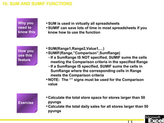 •SUM is used in virtually all spreadsheets
•SUMIF can save lots of time in most spreadsheets if you
know how to use the function
•SUM(Range1,Range2,Value1,…)
•SUMIF(Range,”Comparison”,SumRange)
–If a SumRange IS NOT specified, SUMIF sums the cells
meeting the Comparison criteria in the specified Range
–If a SumRange IS specified, SUMIF sums the cells in
SumRange where the corresponding cells in Range
meets the Comparison criteria
•NOTE: The “” signs must be used for the Comparison
value
•Calculate the total store space for stores larger than 50
pyungs
•Calculate the total daily sales for all stores larger than 50
pyungs
10. SUM AND SUMIF FUNCTIONS
How you
use this
feature
Exercise
Why you
need to
know this
 