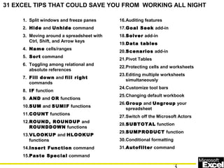 1. Split windows and freeze panes
2. Hide and Unhide command
3. Moving around a spreadsheet with
Ctrl, Shift, and Arrow keys
4. Name cells/ranges
5. Sort command
6. Toggling among relational and
absolute references
7. Fill down and fill right
commands
8. IF function
9. AND and OR functions
10.SUM and SUMIF functions
11.COUNT functions
12.ROUND, ROUNDUP and
ROUNDDOWN functions
13.VLOOKUP and HLOOKUP
functions
14.Insert Function command
15.Paste Special command
16.Auditing features
17.Goal Seek add-in
18.Solver add-in
19.Data tables
20.Scenarios add-in
21.Pivot Tables
22.Protecting cells and worksheets
23.Editing multiple worksheets
simultaneously
24.Customize tool bars
25.Changing default workbook
26.Group and Ungroup your
spreadsheet
27.Switch off the Microsoft Actors
28.SUBTOTAL function
29.SUMPRODUCT function
30.Conditional formatting
31.Autofilter command
31 EXCEL TIPS THAT COULD SAVE YOU FROM WORKING ALL NIGHT
 