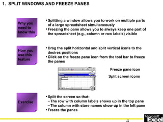 •Splitting a window allows you to work on multiple parts
of a large spreadsheet simultaneously
•Freezing the pane allows you to always keep one part of
the spreadsheet (e.g., column or row labels) visible
How you
use this
feature
•Drag the split horizontal and split vertical icons to the
desires positions
•Click on the freeze pane icon from the tool bar to freeze
the panes
Exercise
•Split the screen so that:
–The row with column labels shows up in the top pane
–The column with store names show up in the left pane
•Freeze the panes
Freeze pane icon
Split screen icons
1. SPLIT WINDOWS AND FREEZE PANES
Why you
need to
know this
 