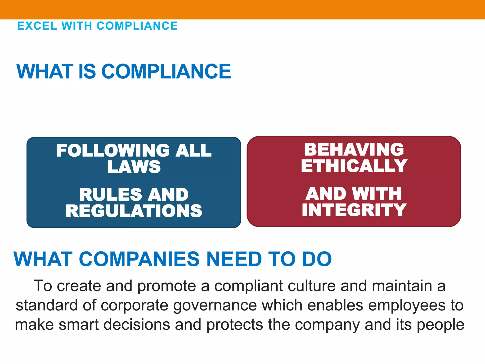 WHAT IS COMPLIANCE
To create and promote a compliant culture and maintain a
standard of corporate governance which enables employees to
make smart decisions and protects the company and its people
EXCEL WITH COMPLIANCE
FOLLOWING ALL
LAWS
RULES AND
REGULATIONS
BEHAVING
ETHICALLY
AND WITH
INTEGRITY
WHAT COMPANIES NEED TO DO
 