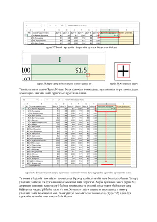 зураг 53:Зураг дээр тэмдэглэсэн цэгийг харна уу. зураг 54:Хулганын заагч
Таны хулганын заагч (Зураг:54) шиг болж хувирсан тохиолдолд хулганынхаа зүүнтовчыг дарж
доош чирнэ. Ангийн нийт сурагчдыг дуустал нь татна.
зураг 55: Тэмдэглэсний дагуу хулганын заагчийг татаж бүх хүүхдийн дүнгийн дунджийг олно.
Та өмнөх үйлдлийг зөв хийсэн тохиолдолд бүх хүүхдийн дүнгийн голч бодогдох болно. Энэхүү
үйлдлийг хийхдээ та бүхэнмаш болгоомжтой хийх хэрэгтэй. Хэрэв хулганын заагч (зураг 54)
дээрх шиг шилжиж харагдахгүйбайгаа тохиолдолд та нүдний доод өнцөгт байгаа цэг дээр
байрлуулж чадахгүйбайна гэсэн үг юм. Хулганын заагч шилжсэн тохиолдолд л энэхүү
үйлдлийг хийх боломжтой юм. Таны үйлдэл зөв хийгдсэн тохиолдолд (Зураг 56) адил бүх
хүүхдийн дүнгийн голч гарсанбайх болно.
зураг 52:Эхний хүүхдийн 6 дүнгийн дундаж бодогдсон байдал
 