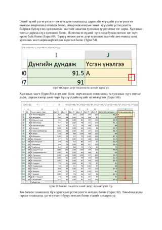 Эхний хүний үсгэн үнэлгээ зөв өгөгдсөн тохиолдолд дараагийн хүүхдийн үсгэнүнэлгээг
өгөхдөө амарчилаад өгчихөж болно. Амарчилж өгөхдөө эхний хүүхдийн үсгэнүнэлгээ
байрлаж буй нүдэнд хулганынхаа заагчийг аваачиж хулганын зүүнтовчыг нэг дарна. Хулганын
товчыг дарахад нүд идэвхжих болно. Идэвхэжсэн нүдний зүүндоод буланд ногоон цэг гарч
ирсэн байх болно (Зураг:60). Тэрхүү ногоон цэгэн дээр хулганын заагчийг авч очиход таны
хулганын заагч өөрөө өөрчлөгдөн харагдах болно (Зураг:54).
зураг 60:Зураг дээр тэмдэглэсэн цэгийг харна уу.
Хулганын заагч (Зураг:54) дээрх шиг болж өөрчлөгдсөн тохиолдолд та хулганын зүүнтовчыг
дарж, дарсанхэвээр доош чирч бүх хүүхдийн нүдийг идэвхжүүлнэ (Зураг: 61).
зураг 61:Заасан тэмдэглэгээний дагуу идэвхжүүлнэ үү.
Зөв болсон тохиолдолд бүх сурагчдынүсгэнүнэлгээ өгөгдөх болно (Зураг: 62). Томьёонд алдаа
гарсантохиолдолд үсгэн үнэлгээ буруу өгөгдөх болно гэдгийг анхаарна уу.
 