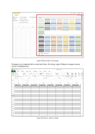 зураг 22:Хүснэгтийн бүх загвар
Загвараас аль тохиромжтойг нь ашиглаж болно. Би энэхүү зурагт байрлах загварыг сонгож
хүснэгтэд байрлууллаа.
зураг 23:Сонголт хийсэн загвар
 