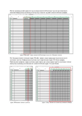 Ингэж идэвхжүүлсний дараа нэг нүдээ ямар хэмжээтэй болгохыг хүссэнтэр хэмжээндээ
аваачиж байрлуулахад идэвхжүүлсэн бүх нүд таны нэг нүдний хэмжээтэй болж хувирна.
зураг 29:Бүгдийг ижил хэмжээтэй болгохын тулд нэг л баганыг сонгон.
Нэг баганынхэмжээг өгөхдөө (зураг 30)-ийн жижиг улаан зураасаар тэмдэглэсэнхэсэгт
хулганын заагчаа байрлуулахад хулганы заагч өөрчлөгдөж (зураг 25) болж хувирна.
Өөрчлөгдөж хувирсны дараа хулганаа дарж чирээд урт улаан зураас хүргээд хулганын товчыг
авахад бүх идэвхжүүлсэнбагана нэг хэмжээтэй болж (зураг 31) адил болно.
зураг 30:баганын хэмжээ сонголт зураг 31:Бүх багана нэг хэмжээнд шилжсэн байдал
 