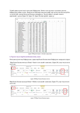 Үүний дараа хүснэгтэндээ өгөгдлөө байрлуулна. Бичих гэсэн нүдэндээ хулганын заагчаа
байрлуулаад шивж эхэлнэ. Ямар нэгэн байдлаар таны өгөгдлийн нэр хүснэгтэнд багтахгүйбол
та хүснэгтийг сунгаж багасгаж болохыг анхаарна уу. Хүснэгтийнхээ нүдний хэмжээг
өөрчлөхийг хүсвэл (Зураг 24, Зураг 25, Зураг 26)-аар зургийг харна уу.
зураг 35:Хүснэгтэндээ өгөгдөл орууллаа.
6. Хүснэгтэндээ мөр болон багана нэмж, хасах
Өгөгдлөө хүснэгтэнд байрлуулсны дараа мөр болон багана нэмж байрлуулах шаардлага гардаг.
Мөр болон багана нэмэхдээ Home>>Insert гэсэн цэсийг ашиглана. (Зураг:36) дээр тэмдэглэсэн
хэсэг юм.
зураг 36:Мөр болон багана нэмэх
Мөр болон багана хасахдаа Home>>Delete гэсэнцэсийг ашиглана (Зураг:37) дээр тэмдэглэсэн
хэсэг юм.
зураг 37:Мөр болон багана хасах.
 