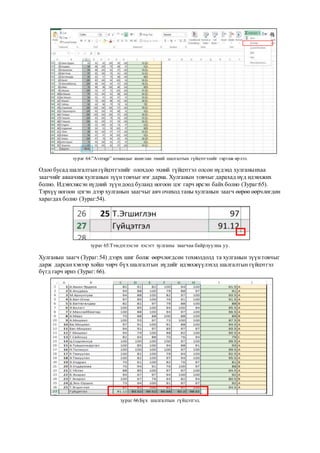зураг 64:”Average” командыг ашиглан эхний шалгалтын гүйцэтгэлийг гаргаж ирлээ.
Одоо бусад шалгалтынгүйцэтгэлийг олохдоо эхний гүйцэтгэл олсон нүдэнд хулганынхаа
заагчийг аваачиж хулганын зүүнтовчыг нэг дарна. Хулганын товчыг дарахад нүд идэвхжих
болно. Идэвхэжсэн нүдний зүүндоод буланд ногоон цэг гарч ирсэн байх болно (Зураг:65).
Тэрхүү ногоон цэгэн дээр хулганын заагчыг авч очиход таны хулганын заагч өөрөө өөрчлөгдөн
харагдах болно (Зураг:54).
зураг 65:Тэмдэглэсэн хэсэгт хулганы заагчаа байрлуулна уу.
Хулганын заагч (Зураг:54) дээрх шиг болж өөрчлөгдсөн тохиолдолд та хулганын зүүнтовчыг
дарж дарсанхэвээр хойш чирч бүх шалгалтын нүдийг идэвхжүүлэхэд шалгалтын гүйцэтгэл
бүгд гарч ирнэ (Зураг: 66).
зураг 66:Бүх шалгалтын гүйцэтгэл.
 