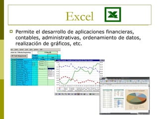 Excel Permite el desarrollo de aplicaciones financieras, contables, administrativas, ordenamiento de datos, realización de gráficos, etc 