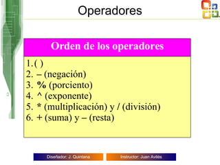Operadores ( ) –   (negación) %  (porciento) ^  (exponente) *  (multiplicación) y  /  (división) +  (suma) y  –  (resta) Orden de los operadores 