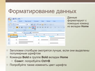 Форматирование данных Данные форматируют с помощью команд из вкладки  Home Заголовки столбцов смотрятся лучше, если они выделены полужирным шрифтом Команда  Bold  в группе  Bold  вкладки  Home Совет:  попробуйте  Ctrl+B Попробуйте также изменить цвет шрифта 