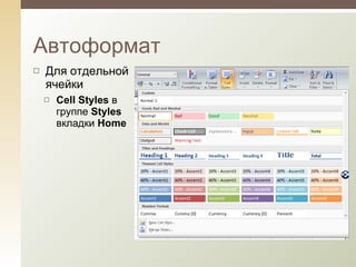 Для отдельной ячейки Cell Styles  в группе  Styles   вкладки  Home Автоформат 