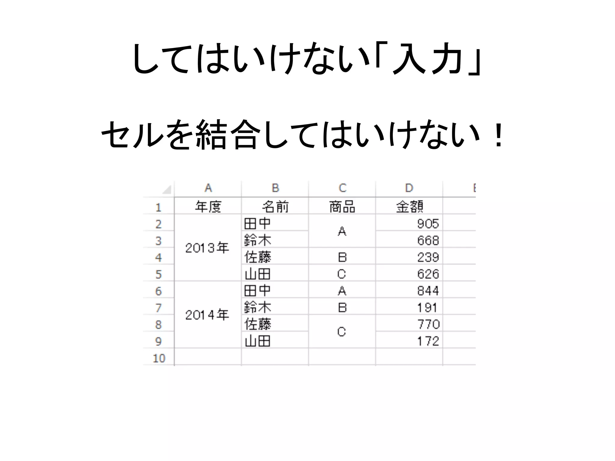してはいけない「入力」	
セルを結合してはいけない！	
 