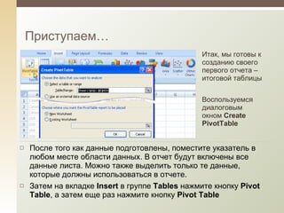 Приступаем… Итак, мы готовы к созданию своего первого отчета – итоговой таблицы Воспользуемся диалоговым окном  Create PivotTable После того как данные подготовлены, поместите указатель в любом месте области данных. В отчет будут включены все данные листа. Можно также выделить только те данные, которые должны использоваться в отчете.  Затем на вкладке  Insert  в группе  Tables  нажмите кнопку  Pivot Table , а затем еще раз нажмите кнопку  Pivot Table 