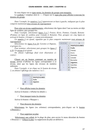 COURS BARDON - EXCEL 2007 / CHAPITRE 12

Si vous cliquez sur ce signe moins, les données du groupe sont masquées.
Le symbole + remplace alors le – . Cliquez sur le signe plus pour afficher à nouveau les
données du groupe.
Dans l’exemple, les numéros 1 et 2 apparaissent en haut à gauche, indiquant que le plan
comporte maintenant deux niveaux de regroupement.
Pour créer un niveau supplémentaire, sélectionnez des lignes dont l’une au moins est déjà
ligne de synthèse, puis groupez-les.
Dans l’exemple, sélectionnez lignes 3 à 7, Fraises, Kiwis, Pommes, Canada, Reinette.
(Pommes est ligne de synthèse pour Canada et Reinette). Puis, groupez ces cinq lignes en
activant le bouton « Grouper », comme précédemment.
Un numéro 3 est ajouté, signalant que le plan comporte maintenant trois niveaux de
regroupement.
Sélectionnez les lignes 9 et 10, Carottes et Oignons,
et groupez-les.
Pour terminer, sélectionnez puis groupez les lignes 2
à 10. Un niveau 4 est ajouté.
On obtient l’affichage final (voir illustration cicontre) :
Cliquer sur un bouton contenant un numéro de
niveau, permet d’afficher les lignes correspondant à ce
niveau, ainsi que les lignes des niveaux de numéros
inférieurs.
Dans l’exemple, si on clique sur le bouton du niveau
2, on obtient l’affichage des numéros 1 et 2 :



Pour afficher toutes les données

Activez le bouton « Afficher les détails ».


Pour masquer toutes les données

Activez le bouton « Masquer ».


Pour dissocier des données

Sélectionnez les lignes (ou colonnes) correspondantes, puis cliquez sur le bouton
« Dissocier ».


Pour supprimer un plan

Sélectionnez une cellule de la plage du plan, puis ouvrez le menu déroulant du bouton
« Dissocier » > Effacer le plan. La suppression de plan est définitive.

87

 
