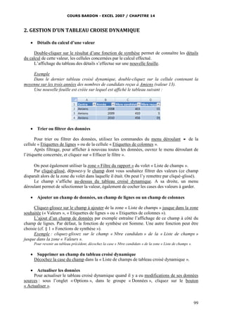 COURS BARDON - EXCEL 2007 / CHAPITRE 14

2. GESTION D’UN TABLEAU CROISE DYNAMIQUE


Détails du calcul d’une valeur

Double-cliquer sur le résultat d’une fonction de synthèse permet de connaître les détails
du calcul de cette valeur, les cellules concernées par le calcul effectué.
L’affichage du tableau des détails s’effectue sur une nouvelle feuille.
Exemple
Dans le dernier tableau croisé dynamique, double-cliquez sur la cellule contenant la
moyenne sur les trois années des nombres de candidats reçus à Amiens (valeur 13).
Une nouvelle feuille est créée sur lequel est affiché le tableau suivant :



Trier ou filtrer des données

Pour trier ou filtrer des données, utilisez les commandes du menu déroulant  de la
cellule « Etiquettes de lignes » ou de la cellule « Etiquettes de colonnes ».
Après filtrage, pour afficher à nouveau toutes les données, ouvrez le menu déroulant de
l’étiquette concernée, et cliquez sur « Effacer le filtre ».
On peut également utiliser la zone « Filtre du rapport » du volet « Liste de champs ».
Par cliqué-glissé, déposez-y le champ dont vous souhaitez filtrer des valeurs (ce champ
disparaît alors de la zone du volet dans laquelle il était. On peut l’y remettre par cliqué-glissé).
Le champ s’affiche au-dessus du tableau croisé dynamique. A sa droite, un menu
déroulant permet de sélectionner la valeur, également de cocher les cases des valeurs à garder.


Ajouter un champ de données, un champ de lignes ou un champ de colonnes

Cliquez-glissez sur le champ à ajouter de la zone « Liste de champs » jusque dans la zone
souhaitée (« Valeurs », « Etiquettes de lignes » ou « Etiquettes de colonnes »).
L’ajout d’un champ de données par exemple entraîne l’affichage de ce champ à côté du
champ de lignes. Par défaut, la fonction de synthèse est Somme. Une autre fonction peut être
choisie (cf. § 1 « Fonctions de synthèse »).
Exemple : cliquez-glissez sur le champ « Nbre candidats » de la « Liste de champs »
jusque dans la zone « Valeurs ».
Pour revenir au tableau précédent, décochez la case « Nbre candidats » de la zone « Liste de champs ».



Supprimer un champ du tableau croisé dynamique
Décochez la case du champ dans la « Liste de champs de tableau croisé dynamique ».



Actualiser les données
Pour actualiser le tableau croisé dynamique quand il y a eu modifications de ses données
sources : sous l’onglet « Options », dans le groupe « Données », cliquez sur le bouton
« Actualiser ».

99

 