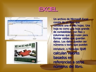 EXCEL Un archivo de Microsoft Excel consta de un libro que contiene una o más hojas. Una hoja es como una hoja grande de contabilidad, con filas y columnas que se cruzan para formar celdas que guardan datos. Los datos pueden ser números o texto que pueden introducir, o fórmulas  que calculan valores basados en referencias a otros números del libro.  