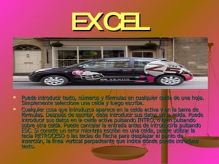 EXCEL Puede introducir texto, números y fórmulas en cualquier celda de una hoja. Simplemente seleccione una celda y luego escriba.  Cualquier cosa que introduzca aparece en la celda activa y en la barra de fórmulas. Después de escribir, debe introducir sus datos en la celda. Puede introducir sus datos en la celda activa pulsando INTRO, o bien pulsando sobre otra celda. Puede cancelar la entrada antes de introducirla pulsando ESC. Si comete un error mientras escribe en una celda, puede utilizar la tecla RETROCESO o las teclas de flecha para desplazar el punto de inserción, la línea vertical parpadeante que indica dónde puede introducir texto. 