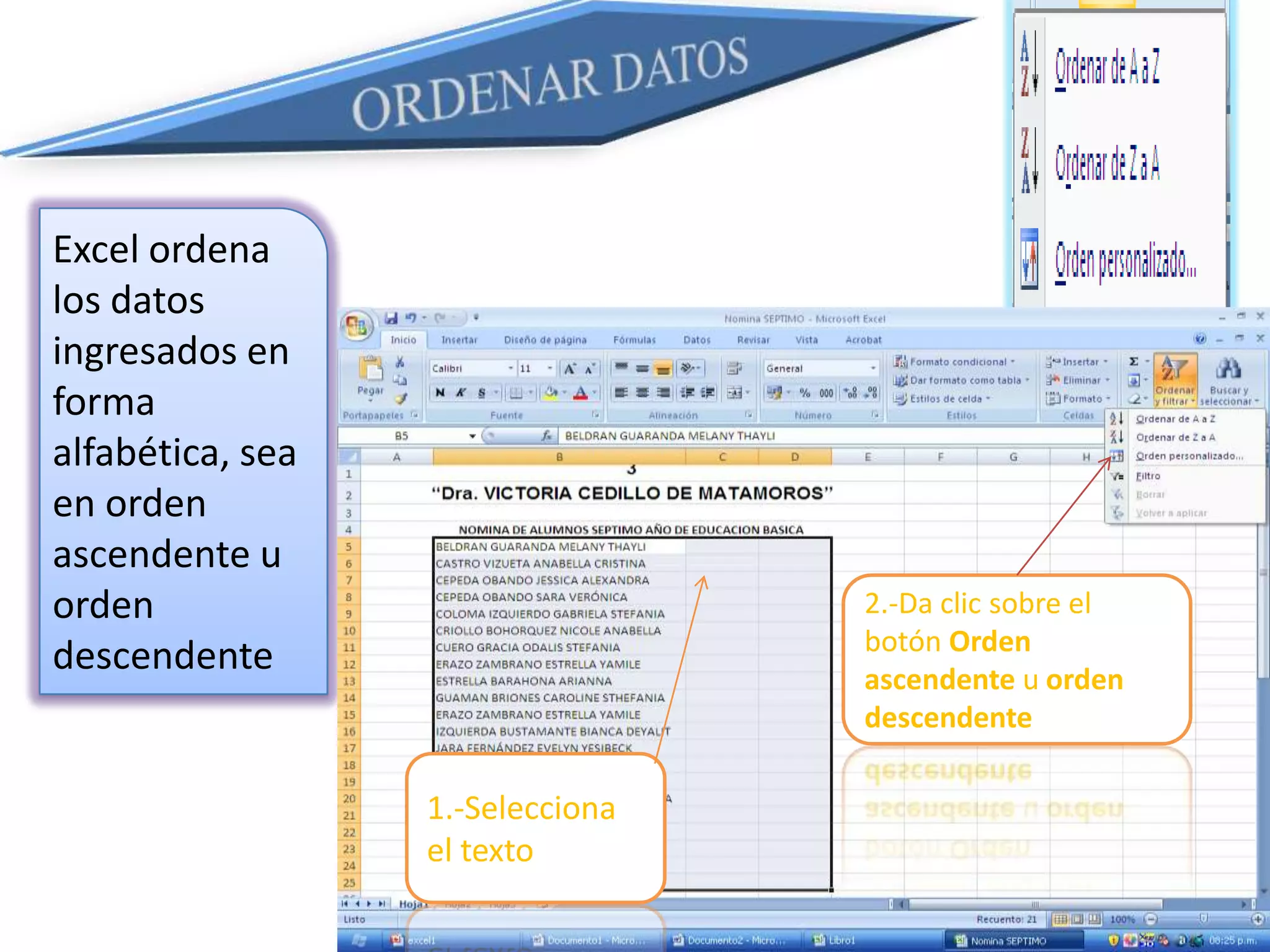 CENTRAR UN TEXTO EN VARIAS CELDASEs posible colocar un texto en varias celdas, permitiendo de esta manera poner títulos en distintas tablas y cuadros elaborados por Excel.1.- Marca el bloque o rango de celdas en el que ira el texto.2.- Da clic en el botón Cambiar y Centrar