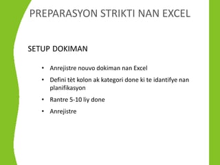 PREPARASYON STRIKTI NAN EXCEL

SETUP DOKIMAN

  • Anrejistre nouvo dokiman nan Excel
  • Defini tèt kolon ak kategori done ki te idantifye nan
    planifikasyon
  • Rantre 5-10 liy done
  • Anrejistre
 