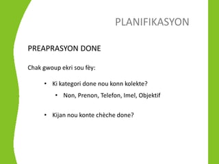 PLANIFIKASYON

PREAPRASYON DONE

Chak gwoup ekri sou fèy:

     • Ki kategori done nou konn kolekte?
         • Non, Prenon, Telefon, Imel, Objektif

     • Kijan nou konte chèche done?
 