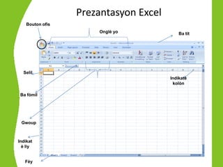 Prezantasyon Excel
    Bouton ofis
                      Onglè yo             Ba tit




  Selil
                                       Indikatè
                                        kolòn

 Ba fòmil




 Gwoup



Indikat
  è liy


   Fèy
 