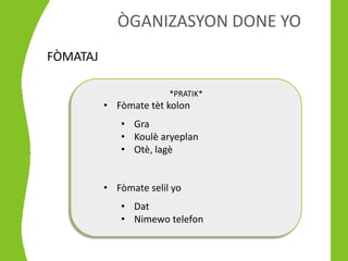 ÒGANIZASYON DONE YO
FÒMATAJ

                        *PRATIK*
          • Fòmate tèt kolon
             • Gra
             • Koulè aryeplan
             • Otè, lagè


          • Fòmate selil yo
             • Dat
             • Nimewo telefon
 