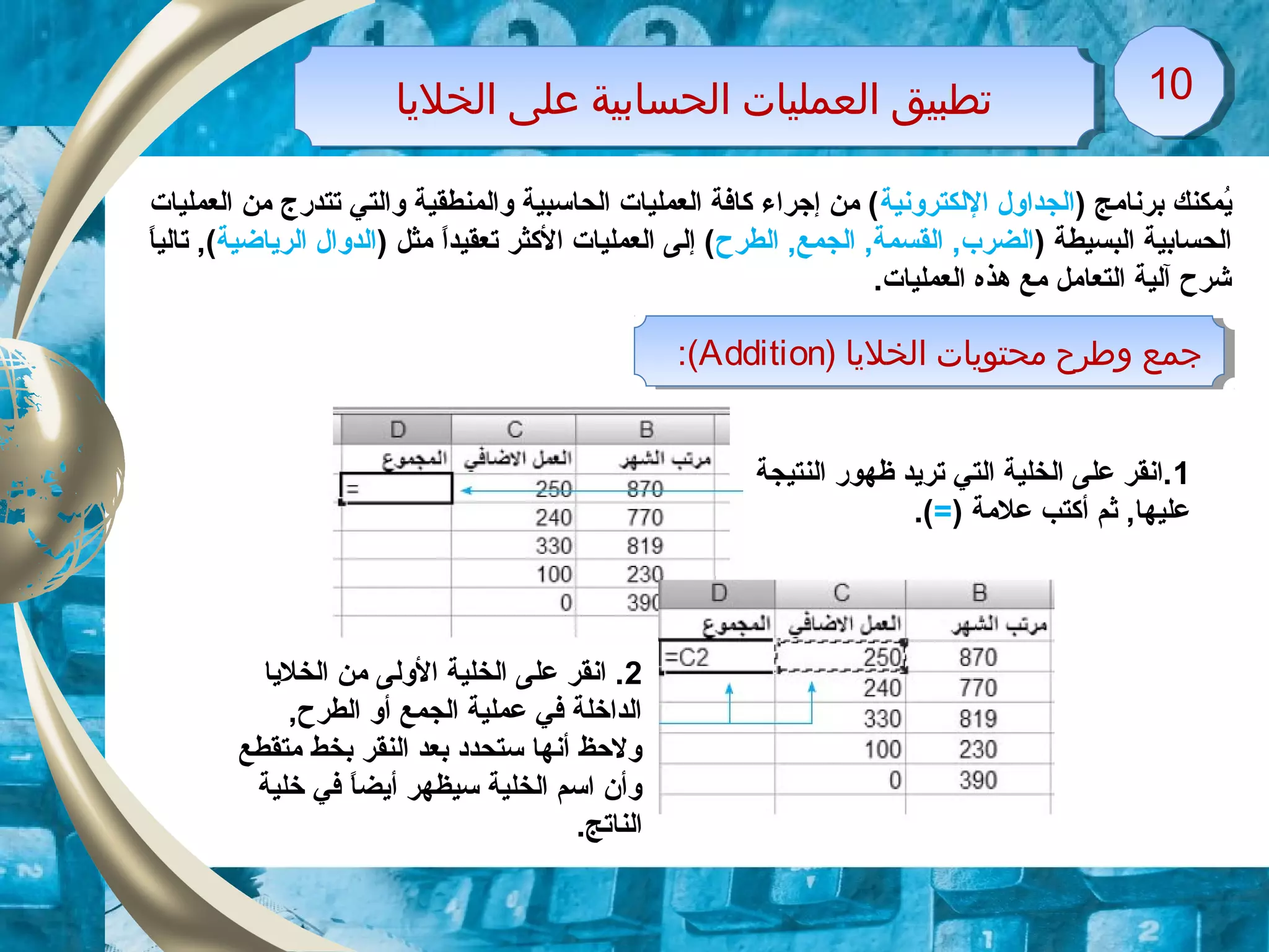 ‫اولخليا‬ ‫معلى‬ ‫اولحسابية‬ ‫اولعمليات‬ ‫تطبيق‬‫اولخليا‬ ‫معلى‬ ‫اولحسابية‬ ‫اولعمليات‬ ‫تطبيق‬ 1010
) ‫برنامج‬ ‫يمكنك‬ُ‫م‬‫اللكترونية‬ ‫الجداول‬‫العمليات‬ ‫من‬ ‫تتدرج‬ ‫والتي‬ ‫والمنطقية‬ ‫الحاسبية‬ ‫العمليات‬ ‫كافة‬ ‫إزجراء‬ ‫من‬ (
) ‫البسيطة‬ ‫الحسابية‬‫الطرح‬ ,‫الجمع‬ ,‫القسمة‬ ,‫الضرب‬) ‫مثل‬ ‫ا‬ً ‫تعقيد‬ ‫الكثر‬ ‫العمليات‬ ‫إلى‬ (‫الرياضية‬ ‫الدوال‬‫ا‬ً ‫تالي‬ ,(
.‫العمليات‬ ‫هذه‬ ‫مع‬ ‫التعامل‬ ‫آلية‬ ‫شرح‬
) ‫اولخليا‬ ‫محتويات‬ ‫وطرح‬ ‫جمع‬Addition:( ) ‫اولخليا‬ ‫محتويات‬ ‫وطرح‬ ‫جمع‬Addition:(
1‫النتيجة‬ ‫ظهور‬ ‫تريد‬ ‫التي‬ ‫الخلية‬ ‫على‬ ‫.انقر‬
) ‫علمة‬ ‫أكتب‬ ‫ثم‬ ,‫عليها‬=.(
2‫الخليا‬ ‫من‬ ‫الولى‬ ‫الخلية‬ ‫على‬ ‫انقر‬ .
,‫الطرح‬ ‫أو‬ ‫الجمع‬ ‫عملية‬ ‫في‬ ‫الداخلة‬
‫متقطع‬ ‫بخط‬ ‫النقر‬ ‫بعد‬ ‫ستحدود‬ ‫أنها‬ ‫ولحظ‬
‫خلية‬ ‫في‬ ‫ا‬ً ‫أيض‬ ‫سيظهر‬ ‫الخلية‬ ‫اسم‬ ‫وأن‬
.‫الناتج‬
 