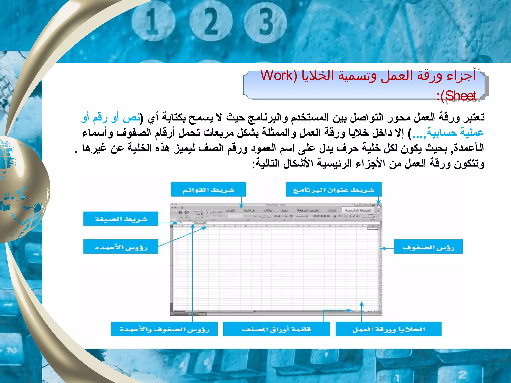 ) ‫الخليا‬ ‫وتسمية‬ ‫العمل‬ ‫ورقة‬ ‫أجزاء‬Work
Sheet:(
) ‫الخليا‬ ‫وتسمية‬ ‫العمل‬ ‫ورقة‬ ‫أجزاء‬Work
Sheet:(
‫ت‬) ‫أي‬ ‫بكتابة‬ ‫ايسمح‬ ‫ل‬ ‫حيث‬ ‫والبرنامج‬ ‫المستخدم‬ ‫بين‬ ‫التواصل‬ ‫محوقر‬ ‫العمل‬ ‫وقرقة‬ ‫عتبر‬‫أو‬ ‫قرقم‬ ‫أو‬ ‫نص‬
...,‫حسابية‬ ‫عملية‬‫أقرقام‬ ‫تحمل‬ ‫مربعات‬ ‫بشكل‬ ‫والممثلة‬ ‫العمل‬ ‫وقرقة‬ ‫خلايا‬ ‫داخل‬ ‫إل‬ (‫الصفوف‬‫وأتسماء‬
‫ال‬‫وقرقم‬ ‫العمود‬ ‫اتسم‬ ‫على‬ ‫ايدل‬ ‫حرف‬ ‫خلية‬ ‫لكل‬ ‫ايكون‬ ‫بحيث‬ ,‫أعمدة‬‫الصف‬. ‫غيرها‬ ‫عن‬ ‫الخلية‬ ‫هذه‬ ‫ليميز‬
‫الرئيس‬ ‫الجزاء‬ ‫من‬ ‫العمل‬ ‫وقرقة‬ ‫وتتكون‬‫ي‬‫التالية‬ ‫الشكال‬ ‫ة‬:
 