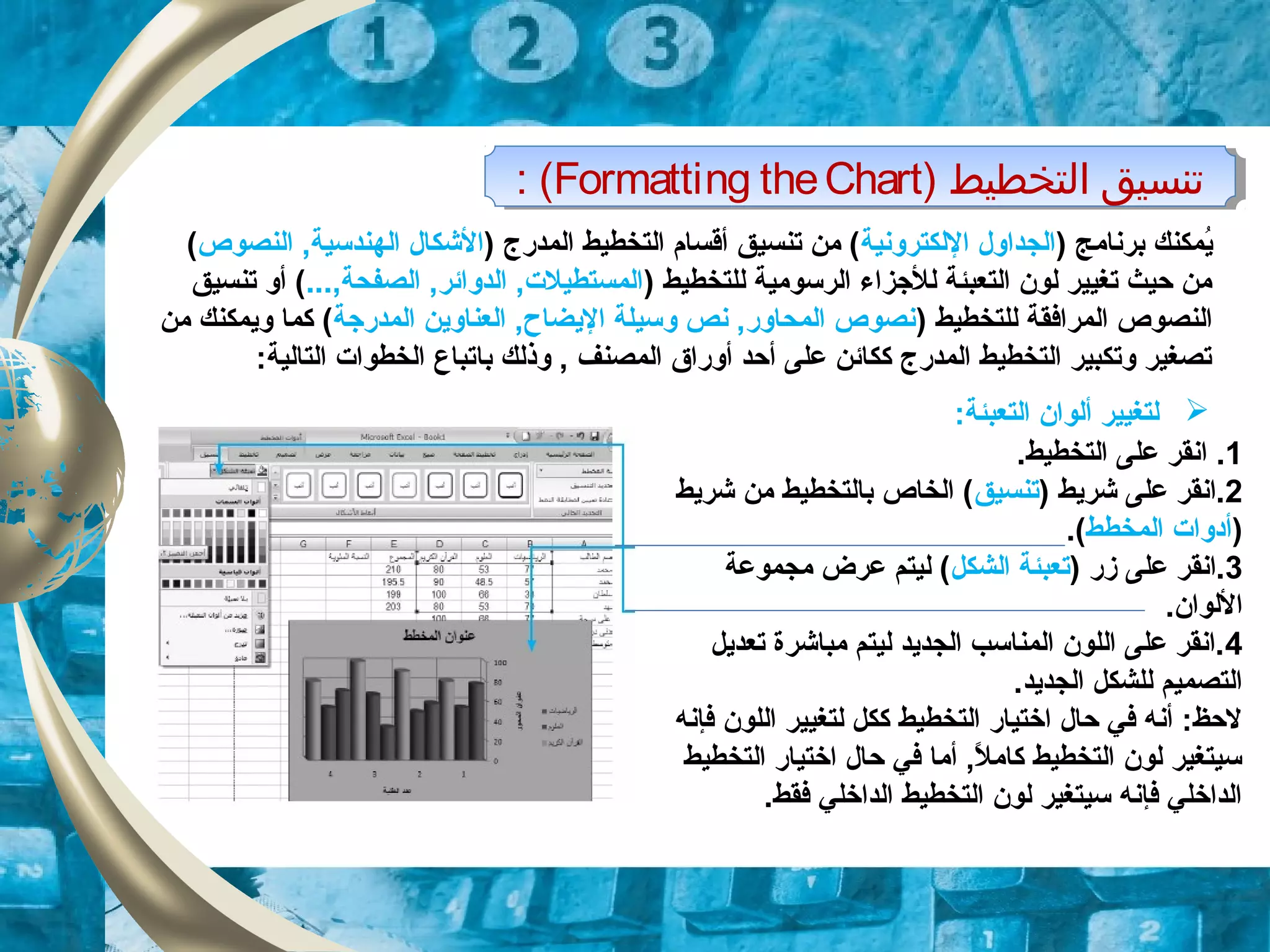 ) ‫التخطيط‬ ‫تنسيق‬Formatting theChart: ( ) ‫التخطيط‬ ‫تنسيق‬Formatting theChart: (
) ‫برنامج‬ ‫يمكنك‬ُ‫اللكترونية‬ ‫الجداول‬) ‫المدرج‬ ‫التخطيط‬ ‫أقسام‬ ‫تنسيق‬ ‫من‬ (‫النصوص‬ ,‫الهندسية‬ ‫الشكال‬(
) ‫للتخطيط‬ ‫الرسومية‬ ‫للزجزاء‬ ‫التعبئة‬ ‫لون‬ ‫تغيير‬ ‫حيث‬ ‫من‬...,‫الصفحة‬ ,‫الدوائر‬ ,‫المستطيلت‬‫تنسيق‬ ‫أو‬ (
) ‫للتخطيط‬ ‫المرافقة‬ ‫النصوص‬‫المدرزجة‬ ‫العناوين‬ ,‫اليضاح‬ ‫وسيلة‬ ‫نص‬ ,‫المحاور‬ ‫نصوص‬‫من‬ ‫ويمكنك‬ ‫كما‬ (
‫وذلك‬ , ‫المصنف‬ ‫أوراق‬ ‫أحد‬ ‫على‬ ‫ككائن‬ ‫المدرج‬ ‫التخطيط‬ ‫وتكبير‬ ‫تصغير‬‫با‬:‫التالية‬ ‫الخطوات‬ ‫تباع‬
1.‫ا‬.‫التخطيط‬ ‫على‬ ‫نقر‬
2) ‫شريط‬ ‫على‬ ‫.انقر‬‫تنسيق‬‫شريط‬ ‫من‬ ‫بالتخطيط‬ ‫الخاص‬ (
)‫المخطط‬ ‫أدوات‬.(
3) ‫زر‬ ‫على‬ ‫.انقر‬‫الشكل‬ ‫تعبئة‬‫مجموعة‬ ‫عرض‬ ‫ليتم‬ (
.‫اللوان‬
4‫تعديل‬ ‫مباشرة‬ ‫ليتم‬ ‫الجديد‬ ‫المناسب‬ ‫اللون‬ ‫على‬ ‫.انقر‬
.‫الجديد‬ ‫للشكل‬ ‫التصميم‬
‫فإنه‬ ‫اللون‬ ‫لتغيير‬ ‫ككل‬ ‫التخطيط‬ ‫اختيار‬ ‫حال‬ ‫في‬ ‫أنه‬ :‫لحظ‬
‫التخطيط‬ ‫اختيار‬ ‫حال‬ ‫في‬ ‫أما‬ ,‫ل‬ً,  ‫كام‬ ‫التخطيط‬ ‫لون‬ ‫سيتغير‬
.‫فقط‬ ‫الداخلي‬ ‫التخطيط‬ ‫لون‬ ‫سيتغير‬ ‫فإنه‬ ‫الداخلي‬
:‫التعبئة‬ ‫ألوان‬ ‫لتغيير‬
 